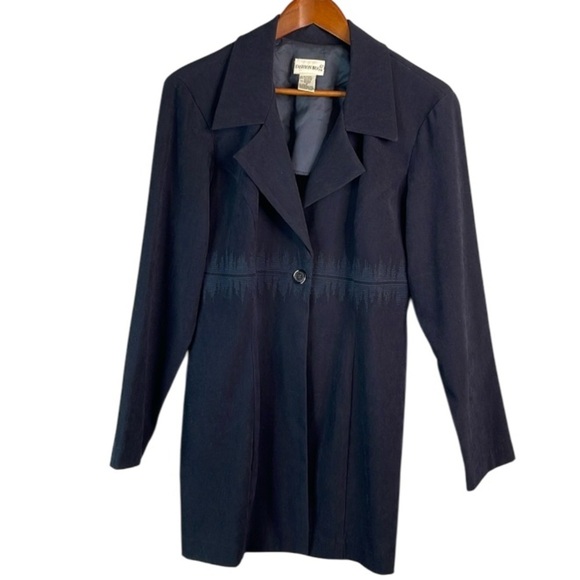 VINTAGE Y2K Fashion Bug Long Line Blazer Jacket Navy Blue Microfibre Size 12 - Picture 2 of 10